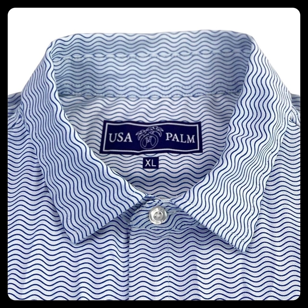 USA PALM Button Down Shirt Mens XL Blue Striped Performance Stretch Short Sleeve